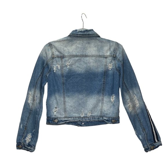 Crave Fame Crop Denim Jacket Womens XS Blue Medium Wash Long Sleeve Distressed B - Picture 5 of 11